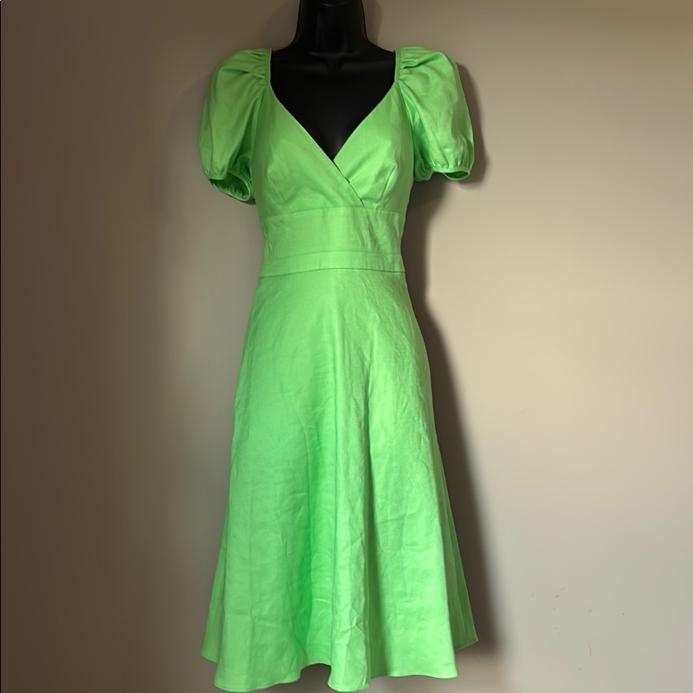 J. Crew Green Puff Sleeve A-Line Midi Dress